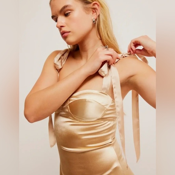 Free People Casino Got Glam Tie Strap Gold Satin Midi Dress - Picture 4 of 11